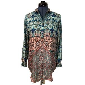 Johnny Was 100% Silk Blue Red Geo Paisley Longsleeve Oversized Tunic Cosmic‎ XS